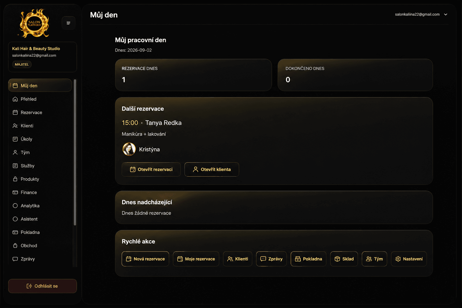 Dashboard Můj den v Salon Platform